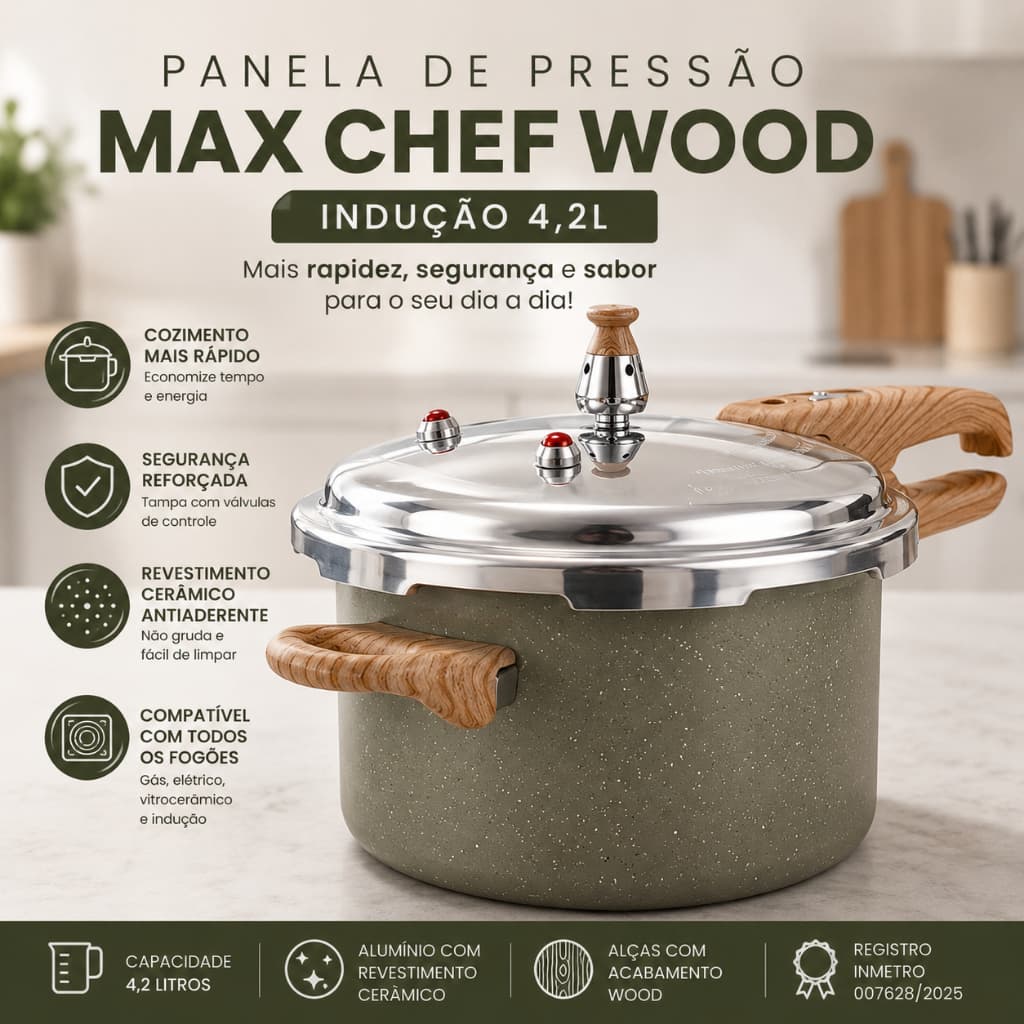 Panela de Pressão Cerâmica 4,2L Max Chef Wood Antiaderente Verde Compatível Gás Indução