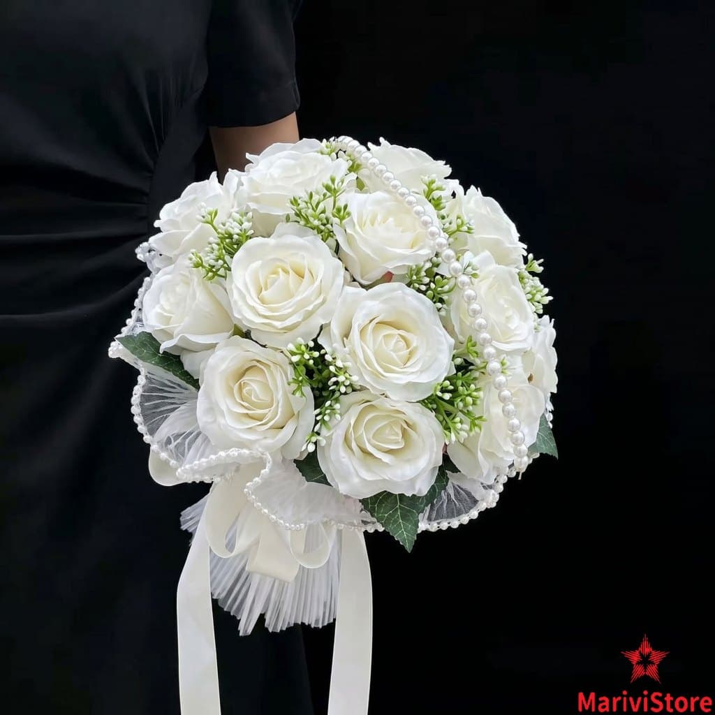 Buquê de Rosas Brancas Artificiais Realistas para Noiva Casamento Decoração Festa Presente Romântico