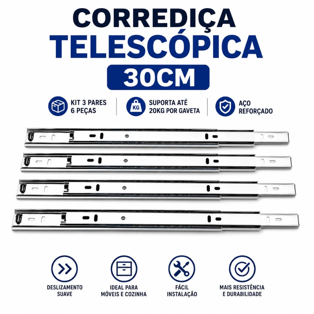 Kit 3 Pares 6 Corrediça Telescópica 30cm Gaveta Reforçado Aço Alta Resistência Móveis Armários Cozinha