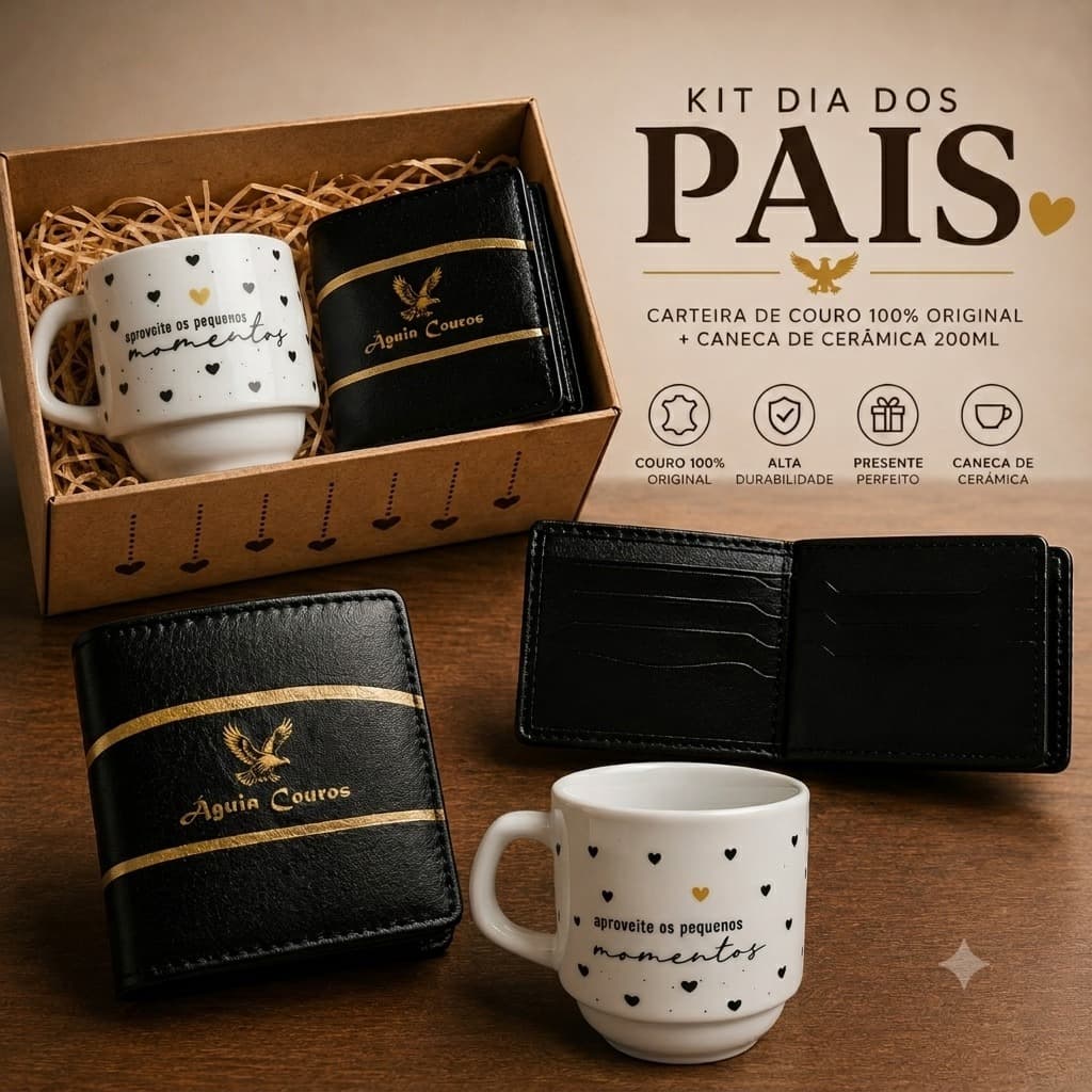 KIT PRESENTE DIA DOS PAIS - CARTEIRA MASSCULINA + CANECA DE CERAMICA +  CAIXA EM MDF VAZADA CORAÇÃO