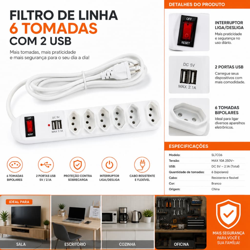 Régua Extensão 6 Tomadas + 2 USB 2.1A Bivolt 10A com Interruptor