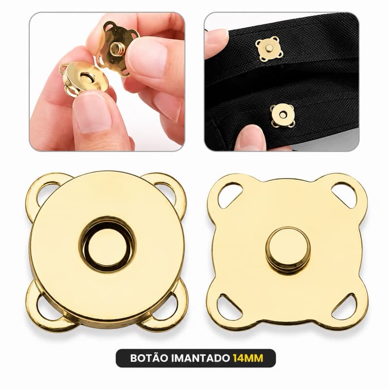 Kit 10 Botao imantado magnetico de costura 14mm Dourado e prata para bolsas carteiras casacos e outros