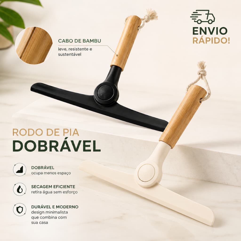 Rodo de Pia Dobrável com Cabo de Bambu Oikos Rodinho Off White Bege Preto Black