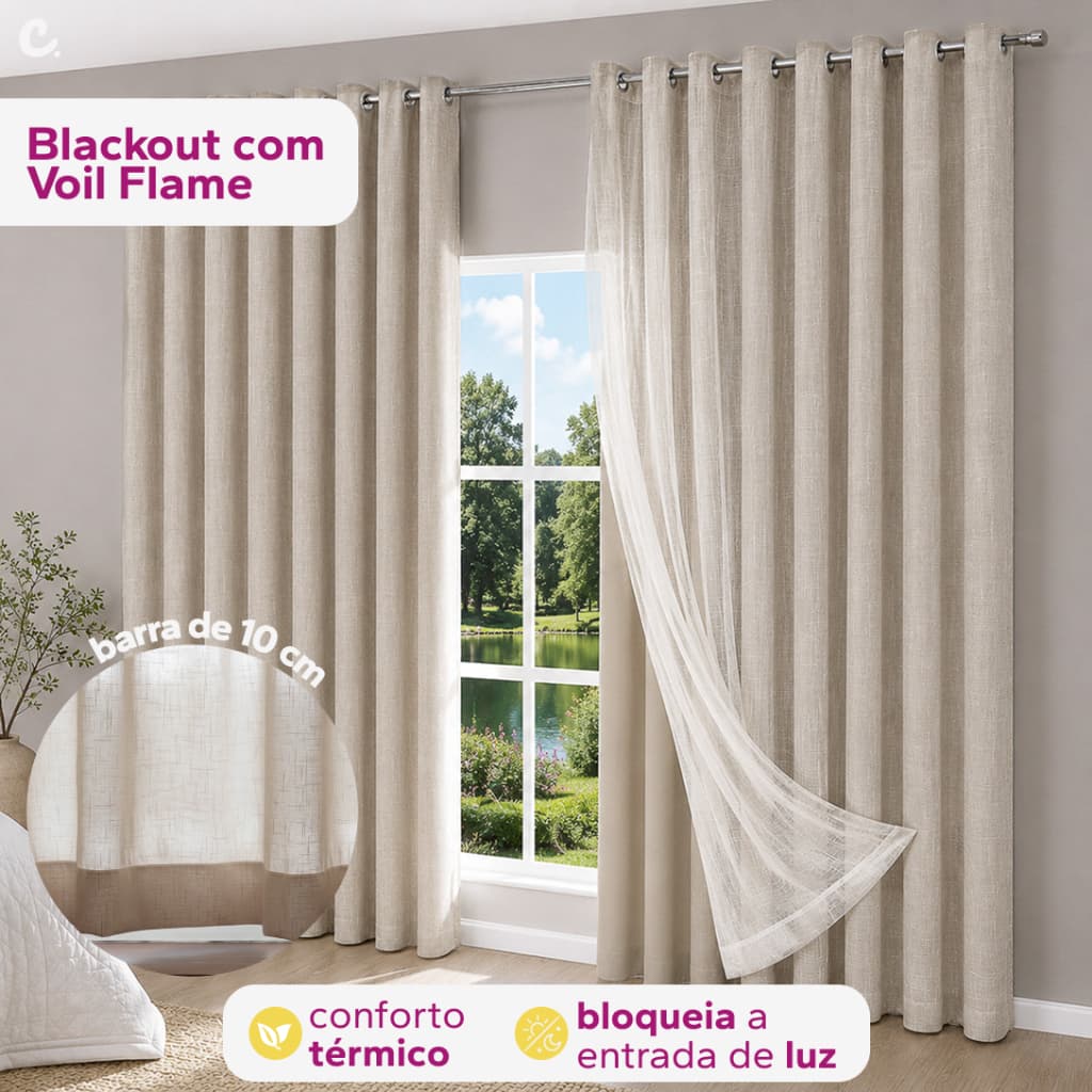 Cortina Voil Gaze De Linho 6,00 x 2,30/ 2,40/ 2,50/ 2,60/ 2,70/ 2,80 C/Forro Blackout Grosso