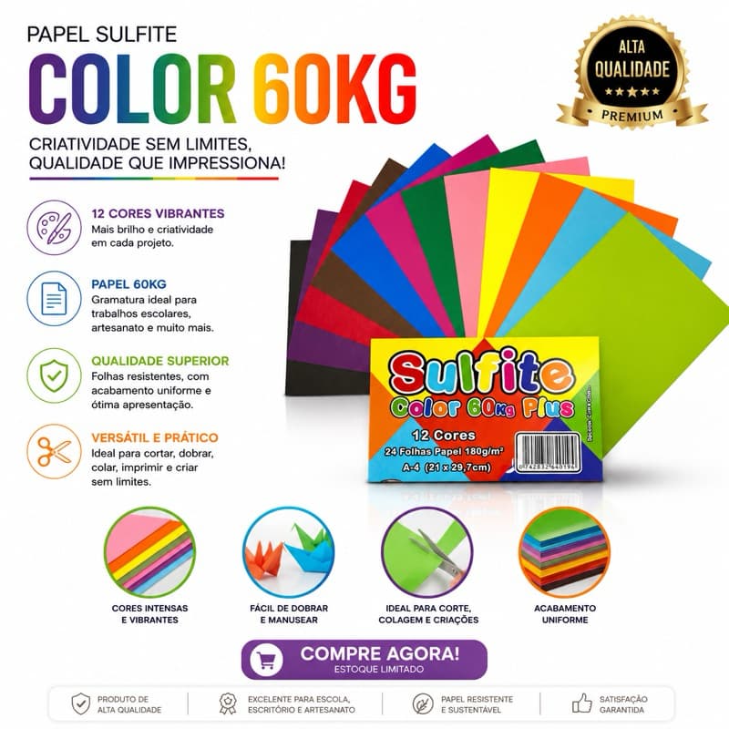 Papel A4 Colorido 24 Folhas 12 Cores Sulfite Color Plus 180g