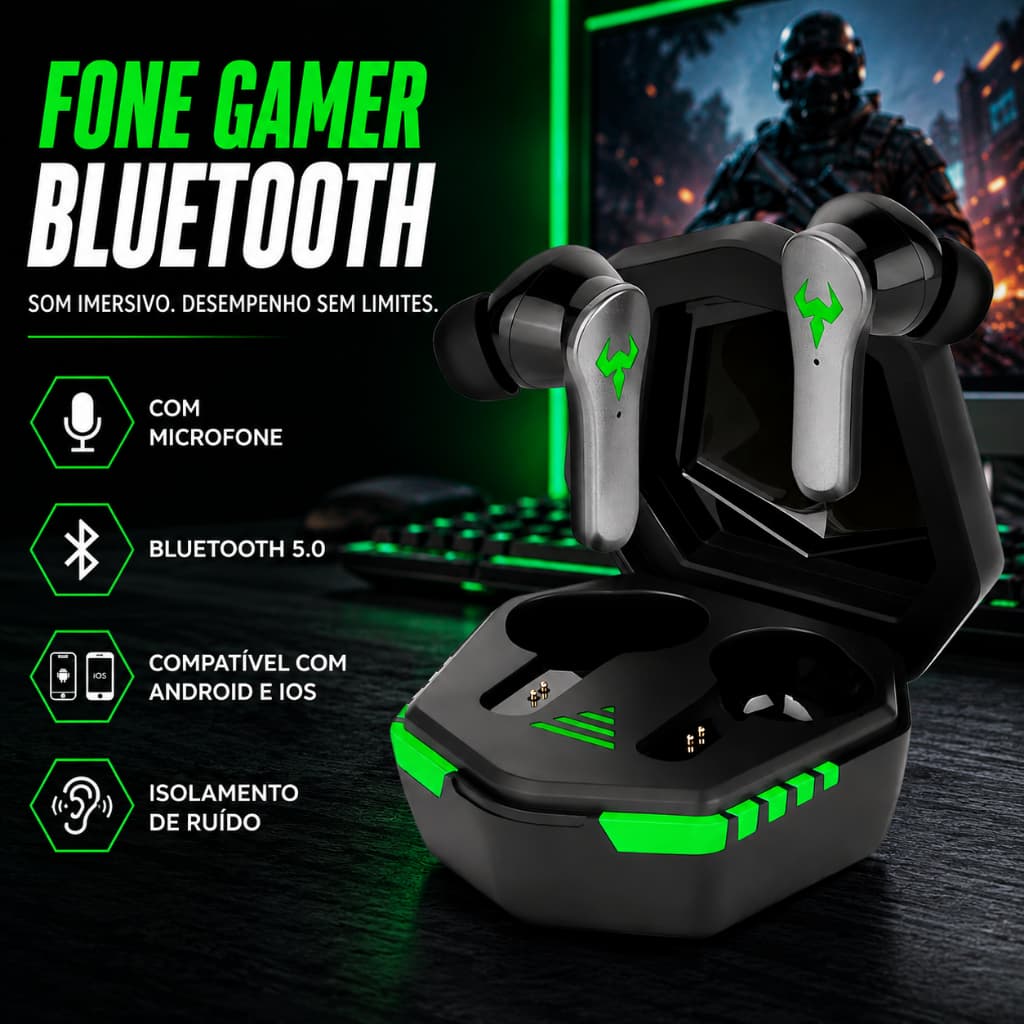 Fone de Ouvido Gamer Bluetooth 5.0 com Microfone Estojo de Carregamento Luz Led Redução de Ruído