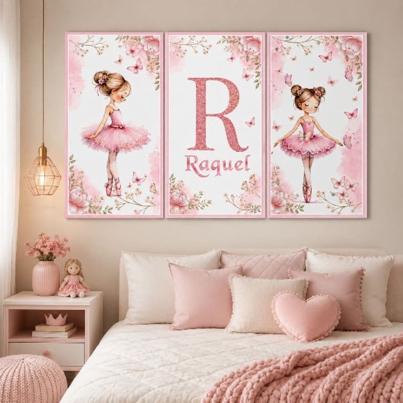 Quadro Decorativo Infantil Bailarina Personalizado com Nome – Kit 3 Peças para Quarto de Menina Sem Moldura