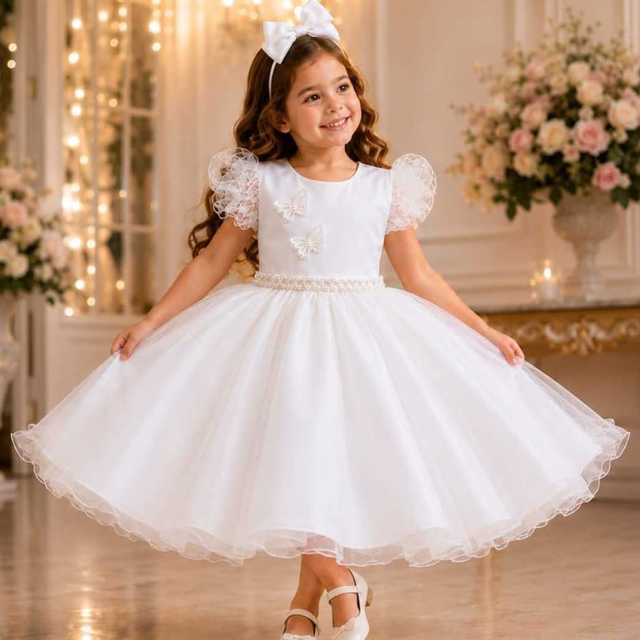 Vestido Infantil Luxo Princesa Festa Rodado Tule Daminha Casamento Batizado Borboletas 3D