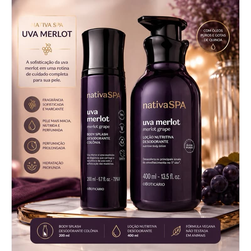Kit Nativa SPA Uva Merlot O Boticário Original | Body Splash 200ml + Loção Nutritiva Desodorante 400ml