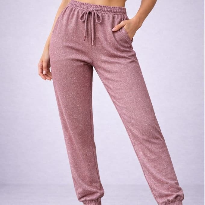 Calça Jogger Feminina Lurex Brilhosa Cintura Alta Inverno Frio