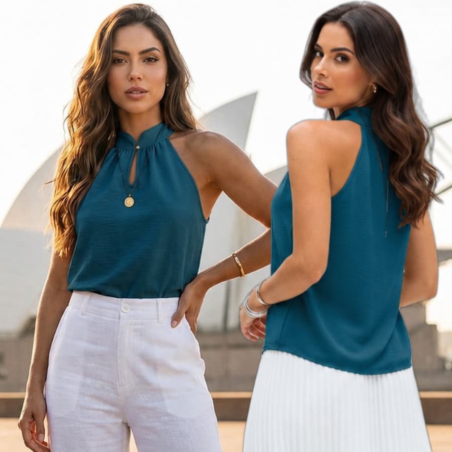Blusa Feminina Regata Elegante Gola Alta com Detalhe em Pérola e Botão