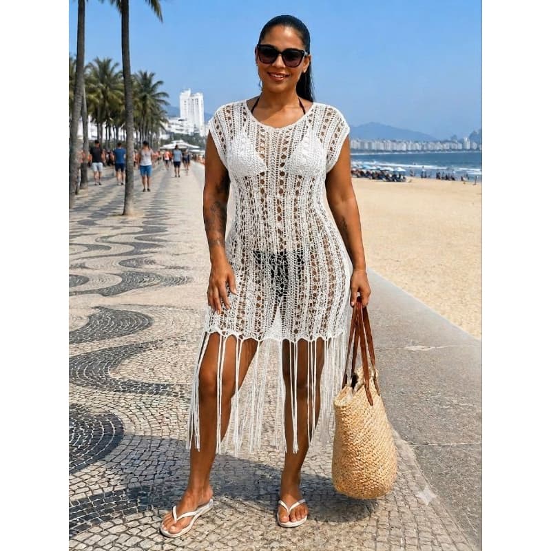Vestido com franja, saída de praia ,no tricô,modelo tendência até o GG.Confortavel! estica!saída de praia preta,branca