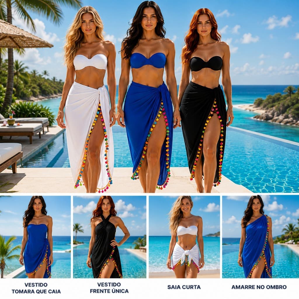 Canga de Praia Piscina Pareô Pompom 100% Viscose Saída de Praia Fashion