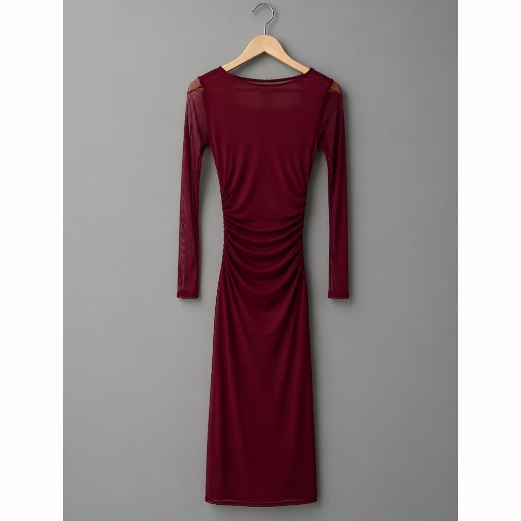 Vestido Tule Manga Longa Bordô Midi Franzido Costas Nua 🟨