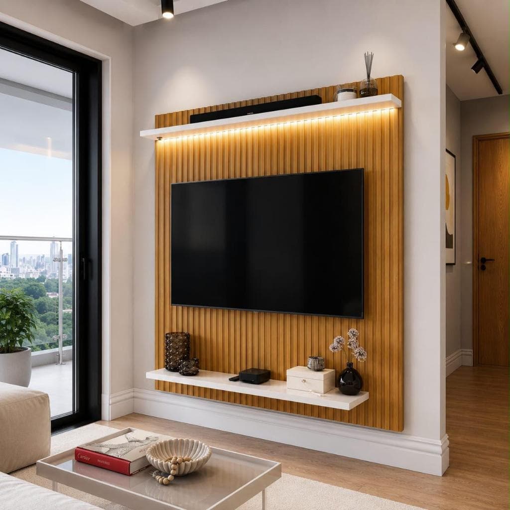 Painel Pra TV 32" Ripado Com Led Suporte p/ TV 105cm Suspenso Com 2 Prateleiras Luxo Neon
