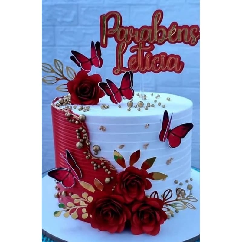 Topo de bolo 3D floral vermelho com borboletas de repente mais linda/Topper/Flores/Fazemos qualquer tema