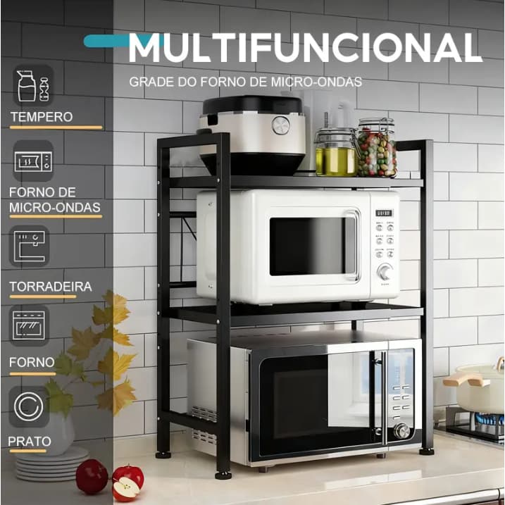 Prateleira Telescópica Suporte Micro-ondas Organizador Cozinha Resistente Carga 25kg com Ganchos