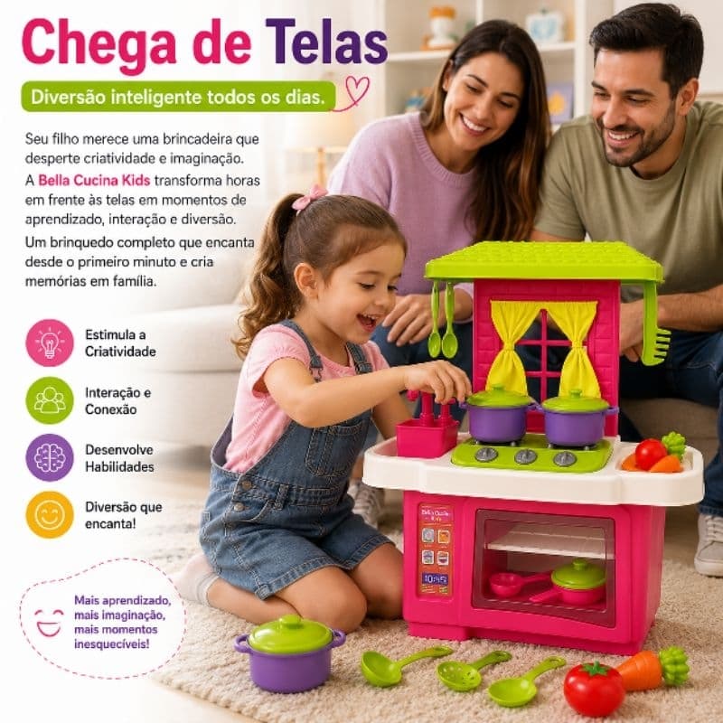 Cozinha Infantil Completa Bella Cucina Kids Brinquedo Educativo com Fogão Pia Forno Panelinhas e Acessórios +3 Anos