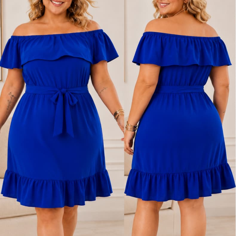 Vestido Feminino Vilma Dunas Premium Modelo Ombro a Ombro Com Faixa E Babado Soltinho e Elegante