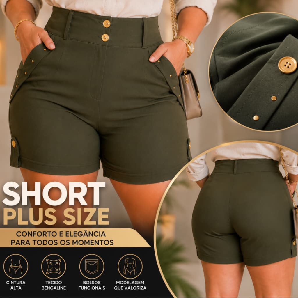 Shorts Bermuda Feminina Plus Size Bengaline Cintura Alta com Botões e Bolsos Cargo Modeladora Social Premium