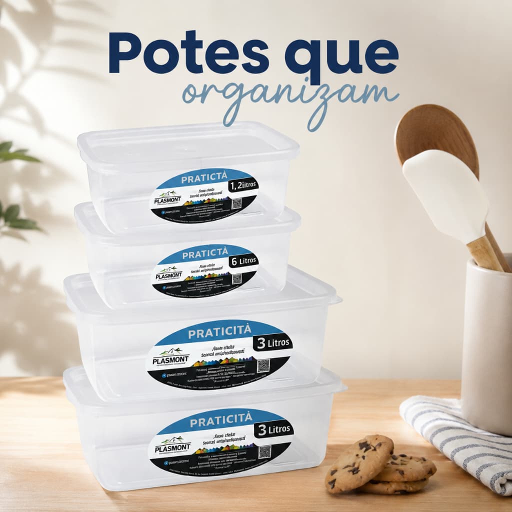 Kit 4 Potes Transparente 1,2 L E 3,0 L Bpa Free Retangular REFORÇADO