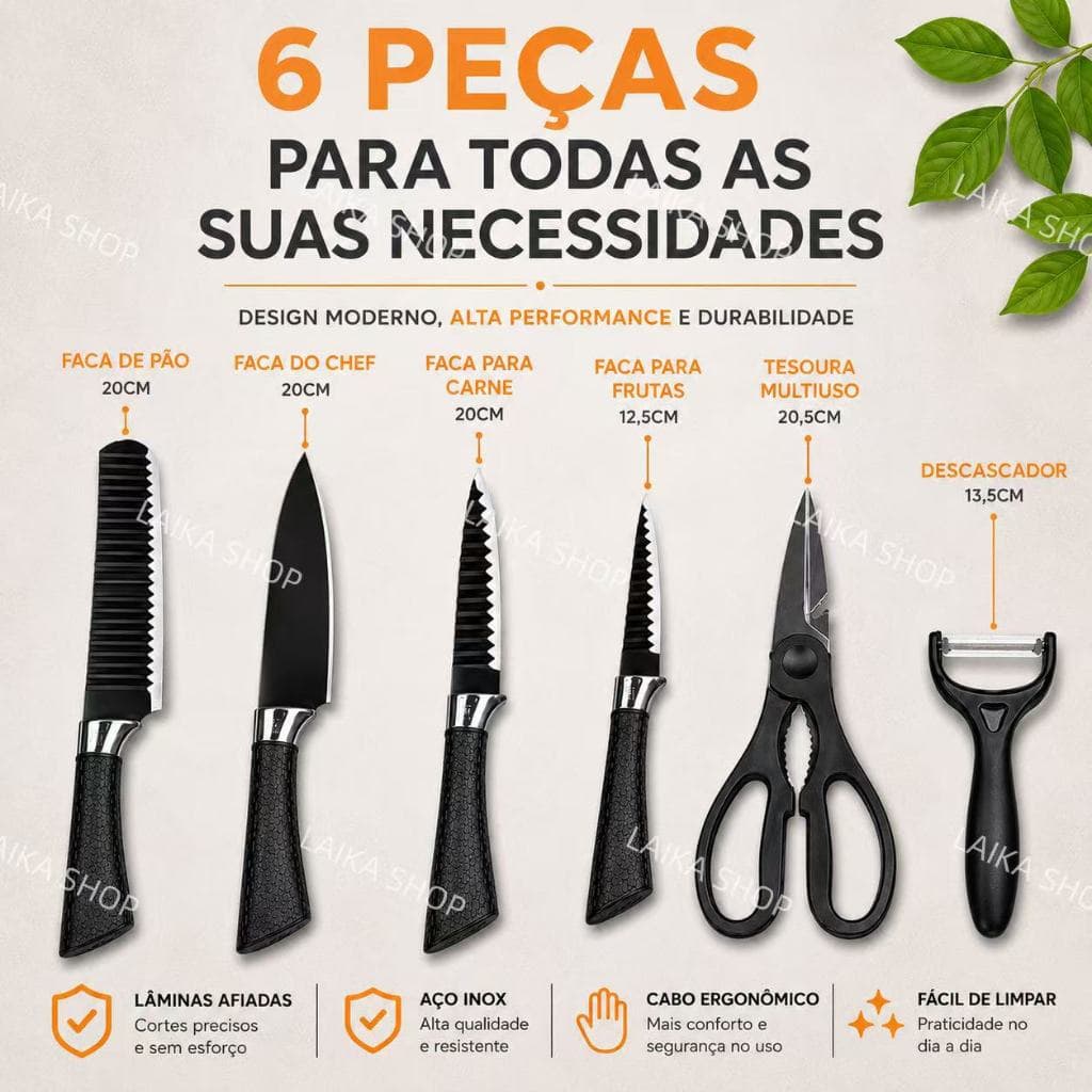 Kit de faca 6 peças com Tesoura e Descascador Aço Inox Faca carne legumes Cabo antiderrapante