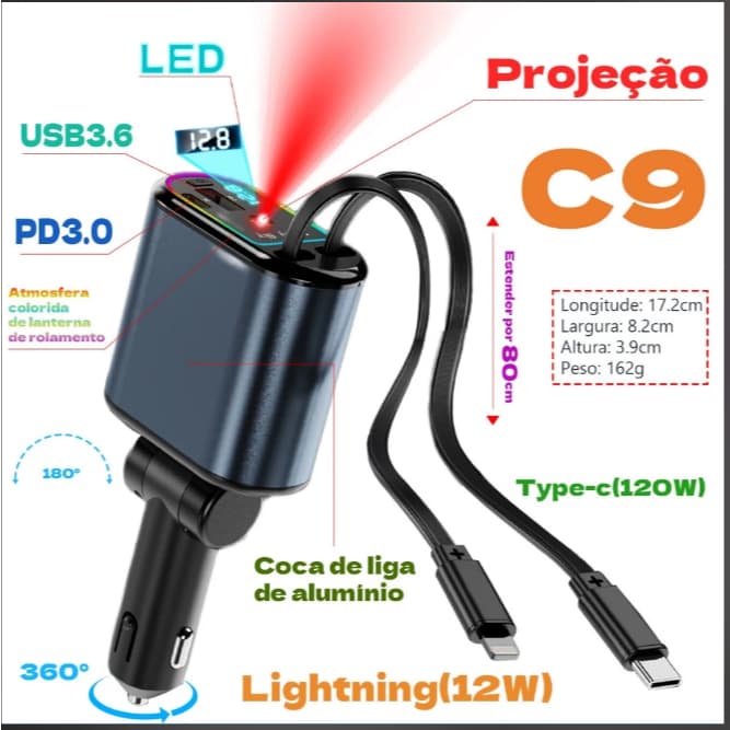 Carregador Veicular TIPO-C + USB Turbo Carregamento rápido/Universal 45W
