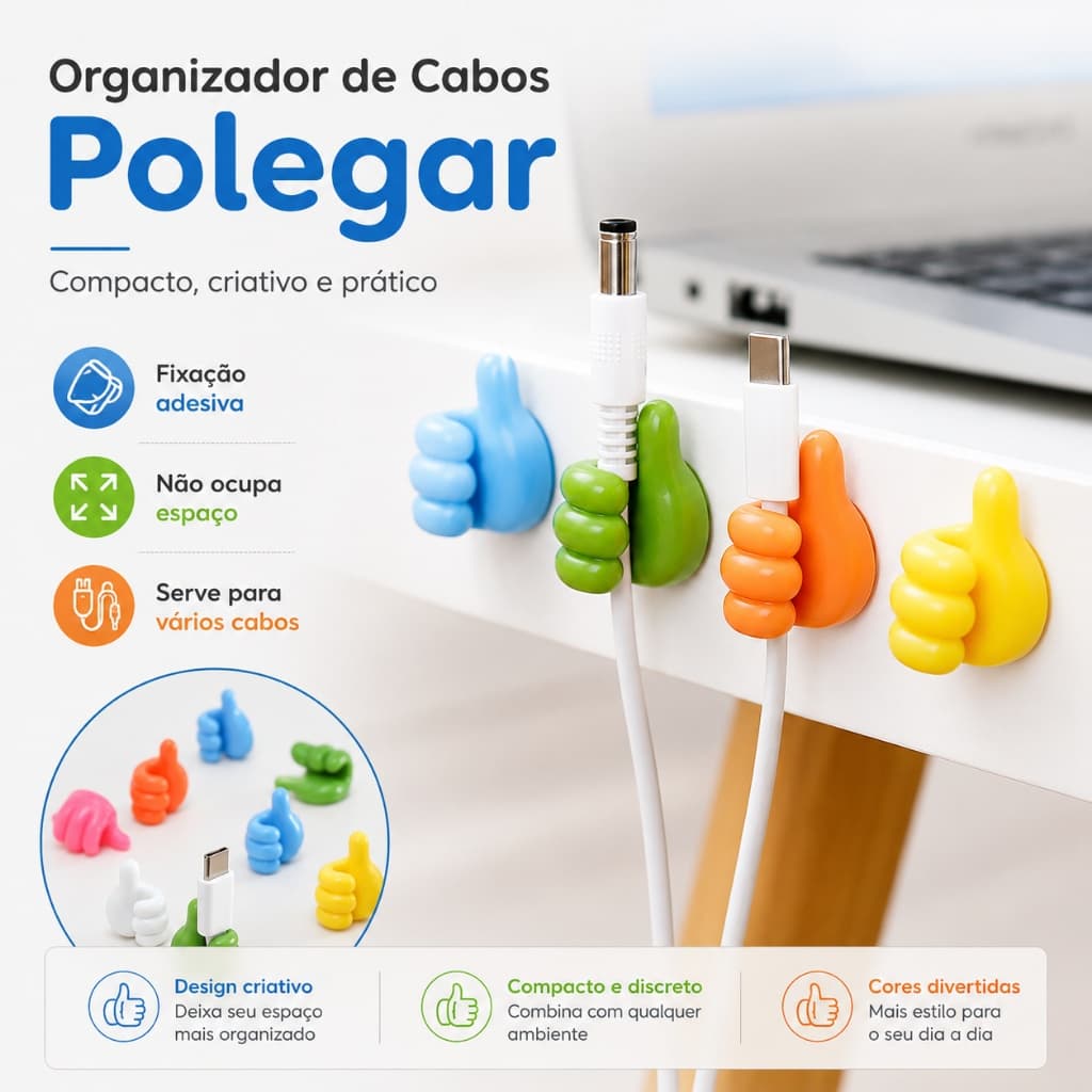 Organizador de Cabos Autoadesivo em Forma de Polegar, Clipe Prendedor de Fios para Mesa, Parede, Escritório e Quarto