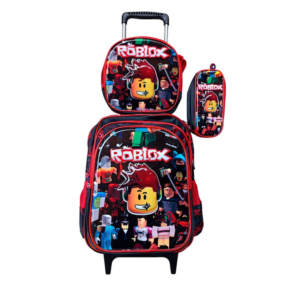 Kit Mochila Roblox em 3D com Rodinhas + Lancheira Térmica + Estojo Escolar Infantil em Alto Relevo