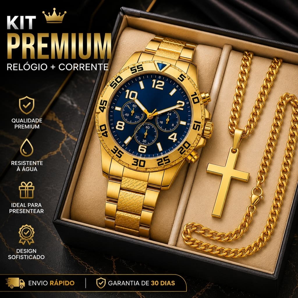 Relógio Masculino Aço inox A PROVA D'ÁGUA Conjunto c/ Corrente + Pulseira e Pingente Presente Pais Namorado