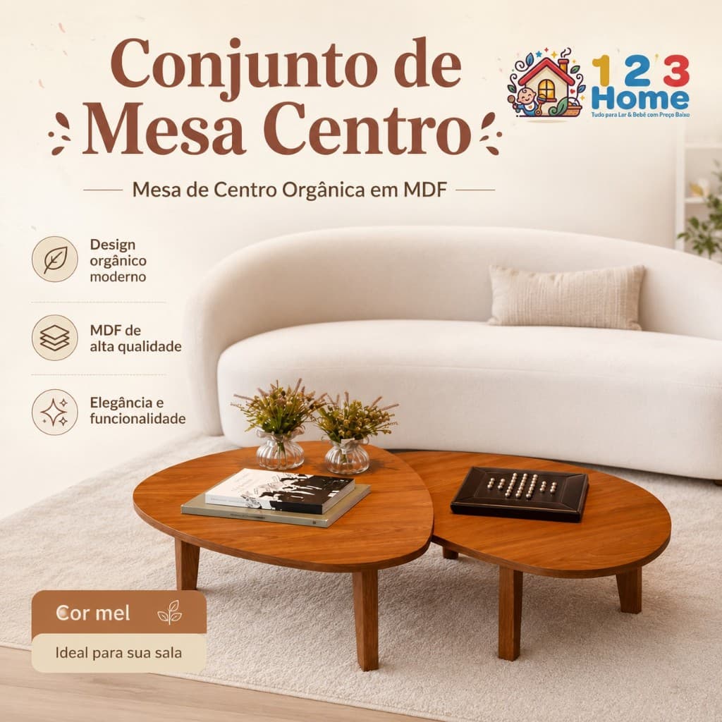 Mesa de Centro Orgânica Moderna em MDF | Sala de Estar, Escritório e Cozinha