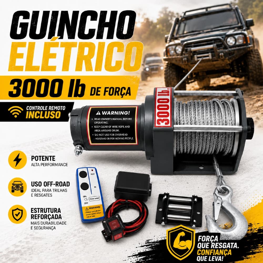 Guincho Elétrico 12V 3000LBS para Jipe, Quadriciclo e Gaiola - Com Controle Remoto