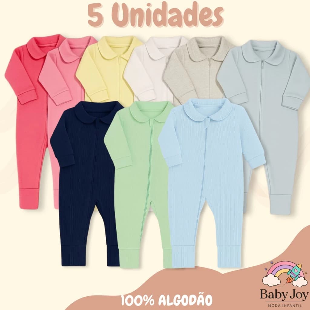 Kit 5 Macacão Longo Bebê Ribana Algodão com Zíper Menina Menino Top Envio Imediato Maternidade