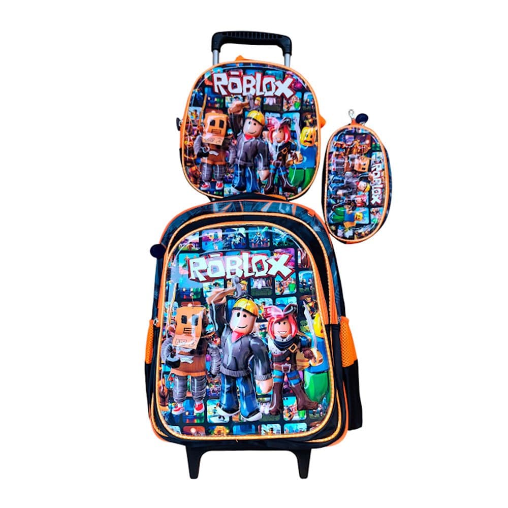 Kit Mochila do Roblox em 3D com Rodinhas + Lancheira Térmica + Estojo Escolar Infantil em Alto Relevo