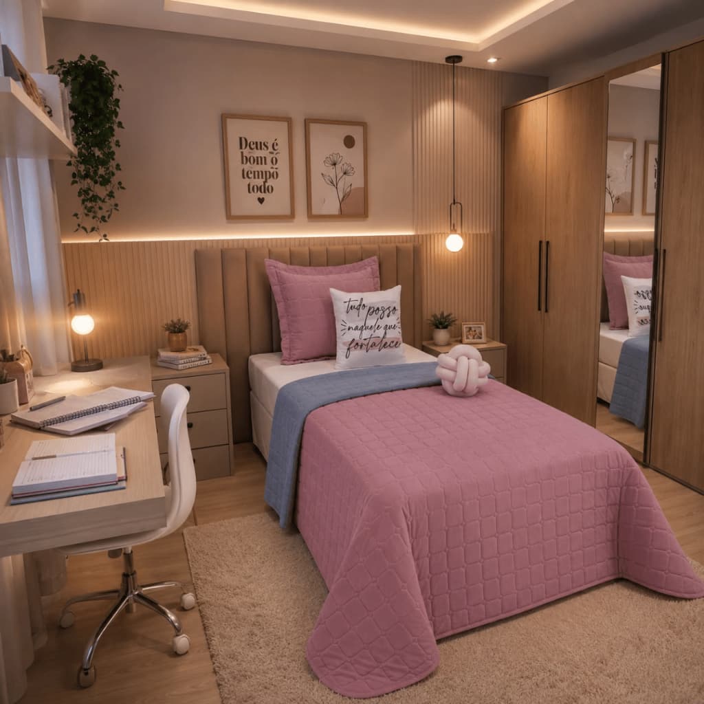 Kit Cobre Leito Paris Cama Solteiro Colcha Dupla Face 5 Peças Rose com Cinza
