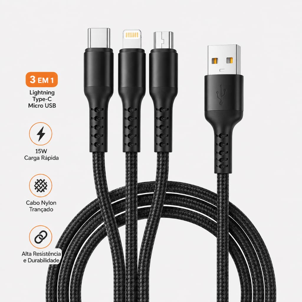 Cabo 3 Em 1 Turbo 1,5m Lightning + Tipo-c + Micro-usb