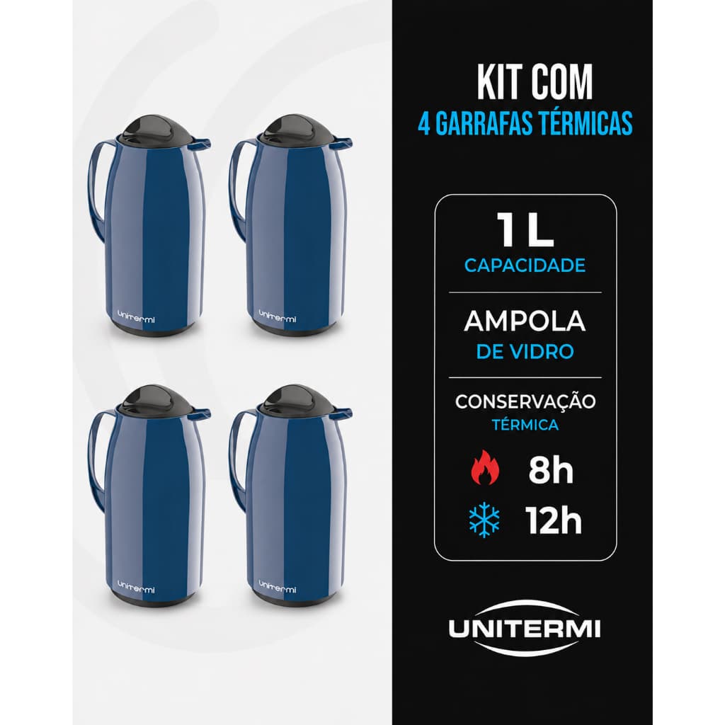 Kit 4 Garrafas Térmicas 1 Litro Unitermi Veneza Conserva Café Chá Bebidas Quentes e Frias Com Tampa Rolha