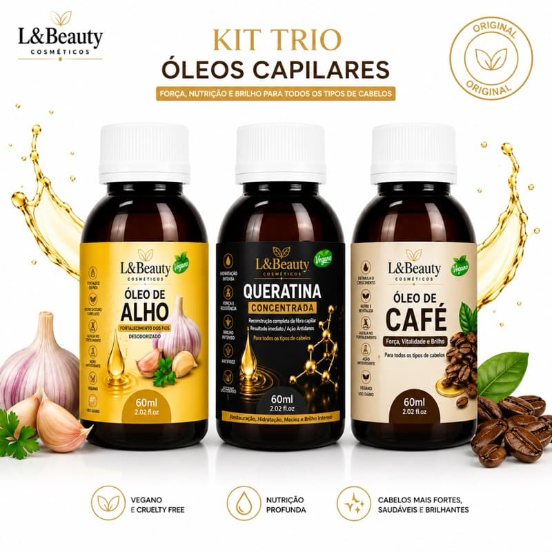 Kit 3 Óleos Capilares L&Beauty 60ml – Óleo de Alho + Queratina Concentrada + Óleo de Café | Fortalecimento