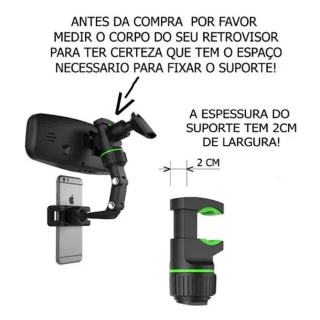 Suporte de Celular para Carro Ajustável Rotação 360° Universal Veicular Fixação Painel Retrovisor GPS Smartphone