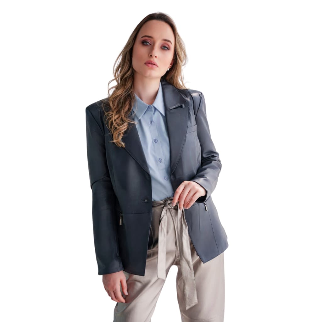 BLAZER FEMININO EM COURO LEGÍTIMO FORRADO AZUL MARINHO