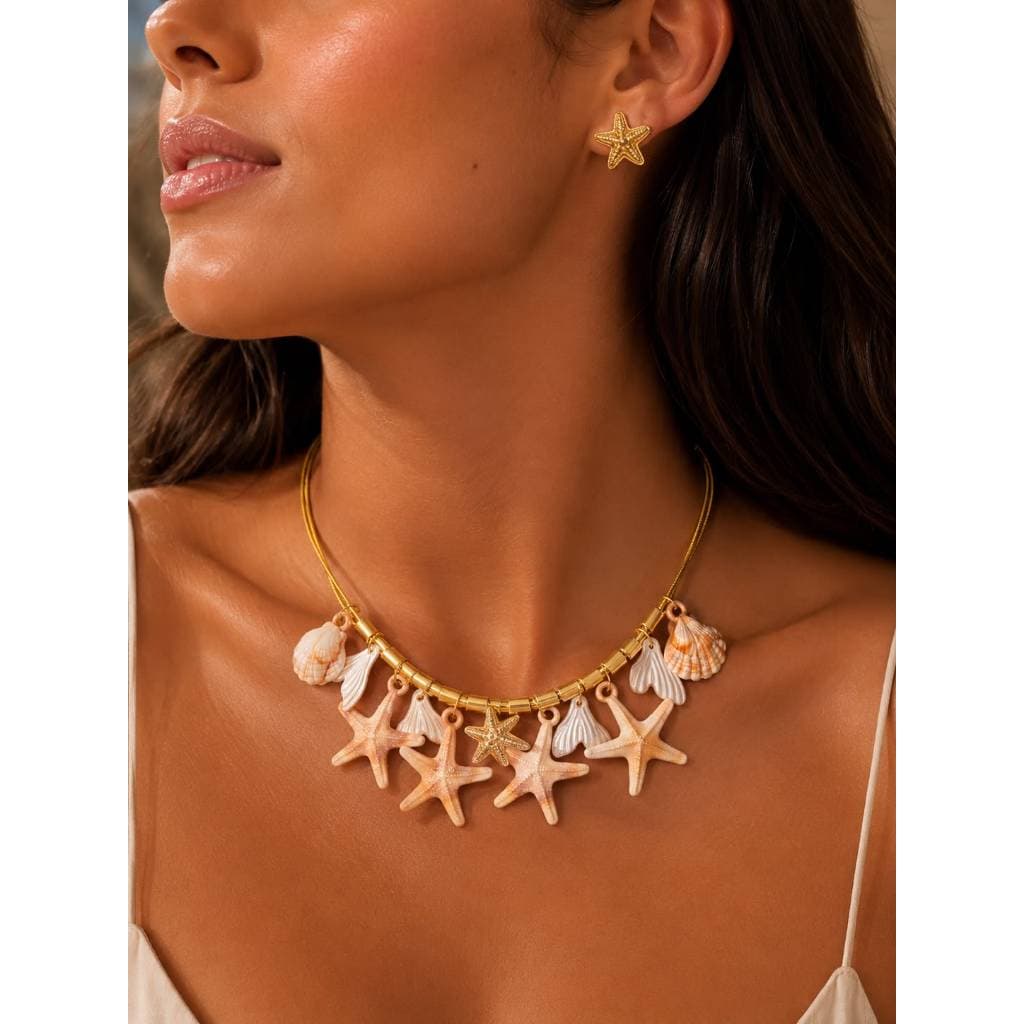 Conjunto Choker + brinco colar praia estrela concha verão búzios