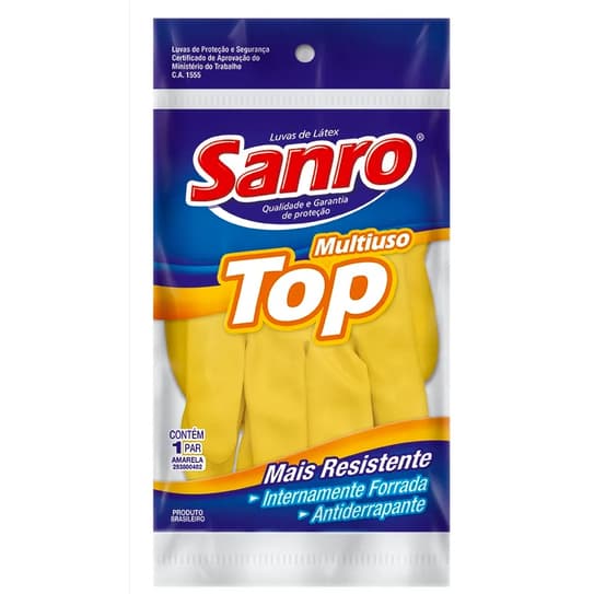Kit com 2 Luvas Sanro Top amarela borracha antiderrapante forrada multiuso latex