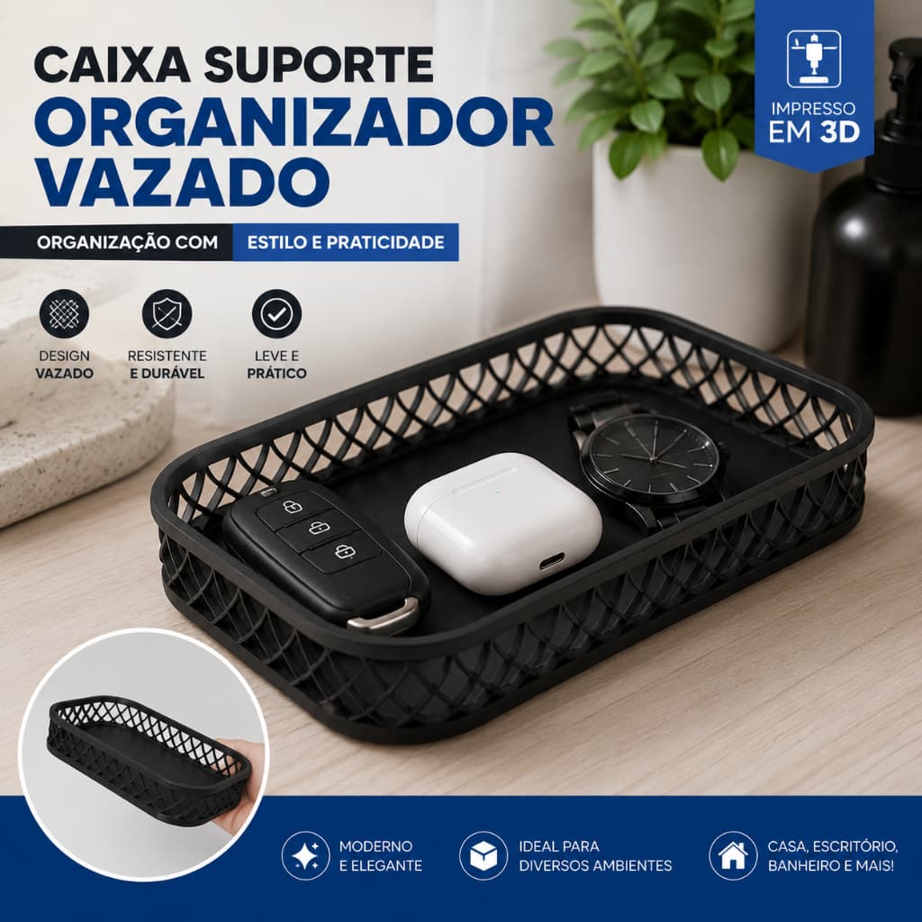 Facilita Casa Bandeja Organizadora Vazada Preta Porta Chaves Multiuso 15,7x10,7x2,4cm