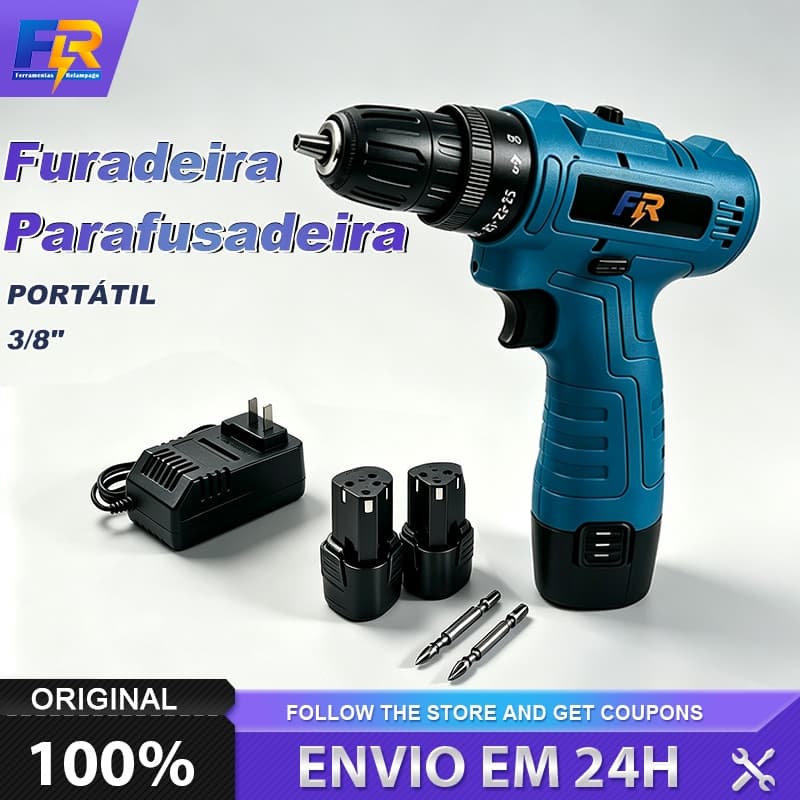 Parafusadeira Furadeira Sem Fio 12V Com 2 Bits  3/8" 2 Funções Portátil