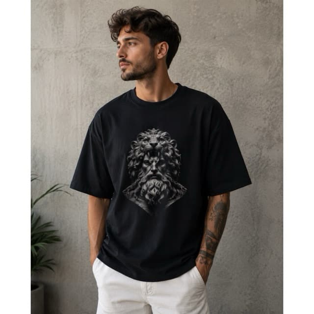 Camiseta Oversized Estátua Grega Leão Masculina Streetwear Premium Estampa Frontal