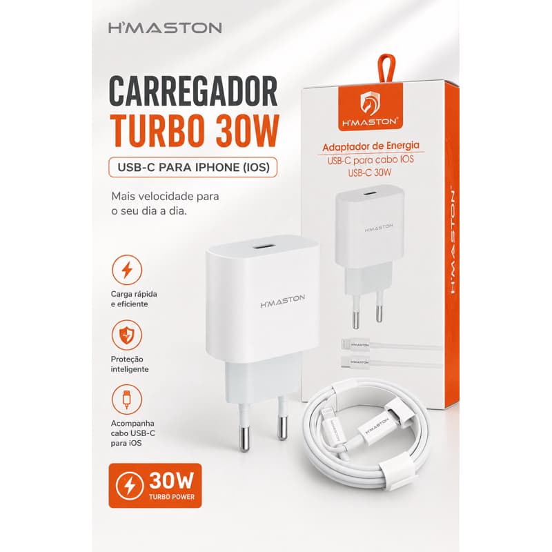 Carregador Turbo H’maston 30W com Carregamento Rápido para iphone e tipo-C