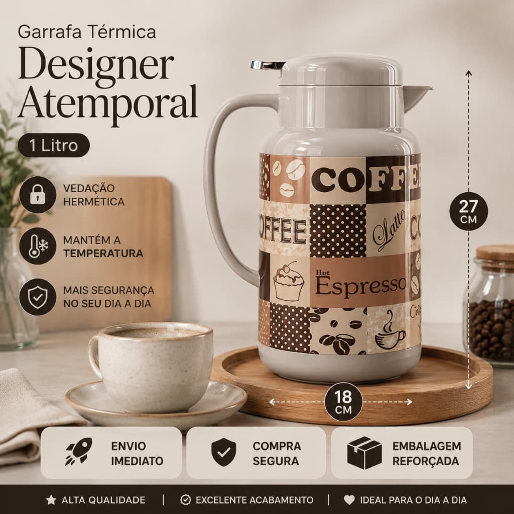 Garrafa Térmica 1 Litro Grande, Com Vedação Hermética, Café Quentinho e Designer Lindo e Elegante