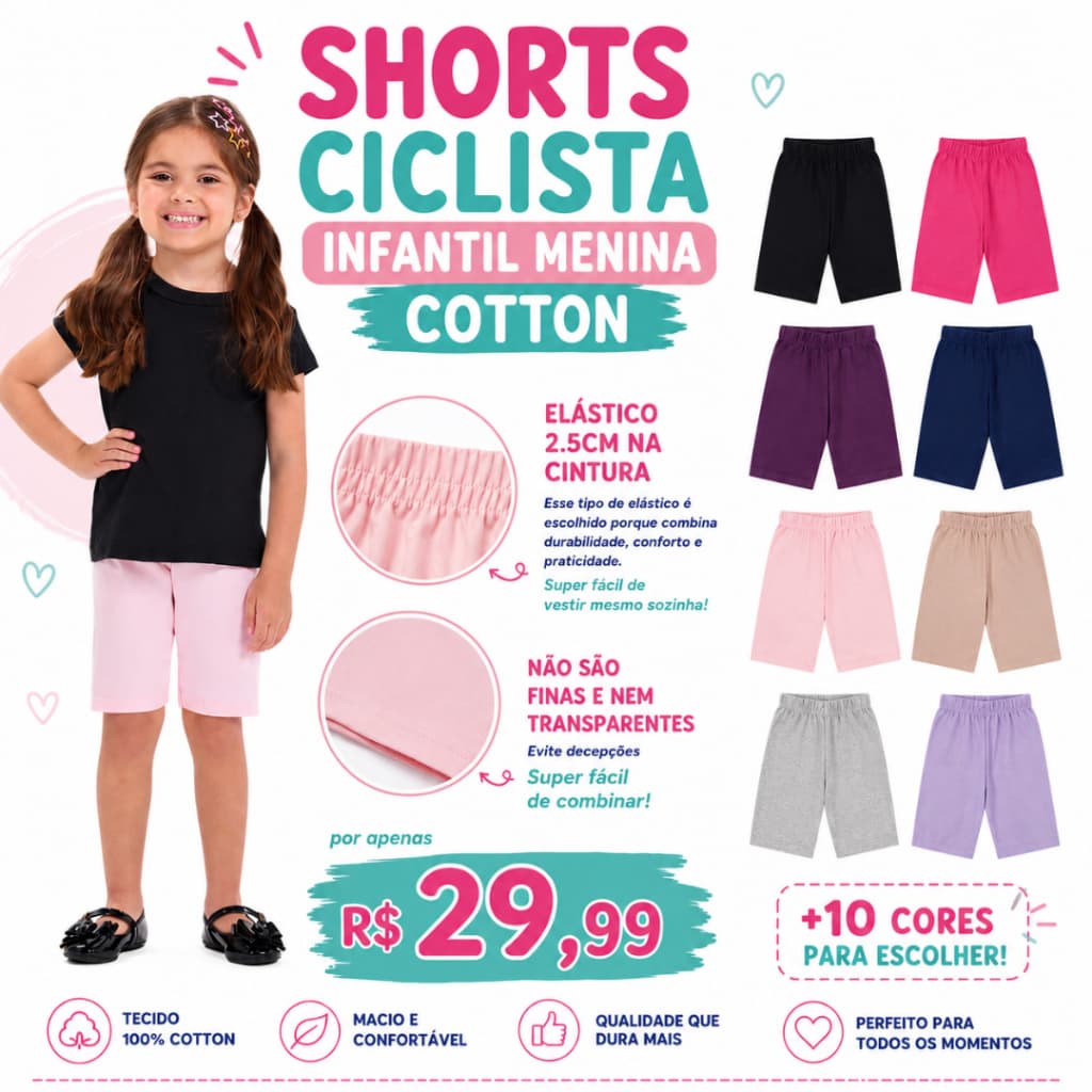 Kit 3 Shorts Ciclista Infantil Menina em Cotton Lisa 2 ao 10 anos
