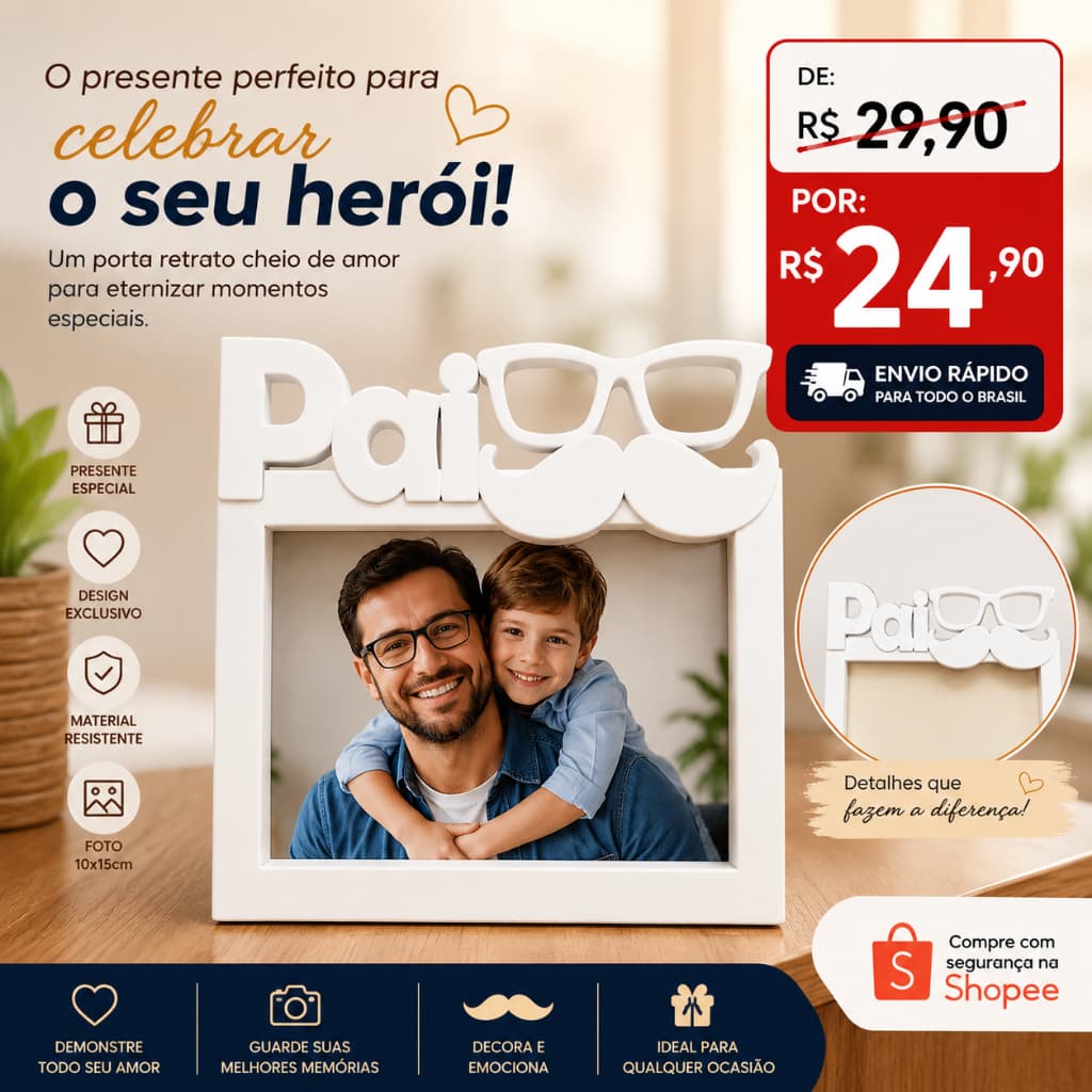 Porta Retrato Decorativo Pai com Coração e pai show de bola Foto 10x15 Presente Especial
