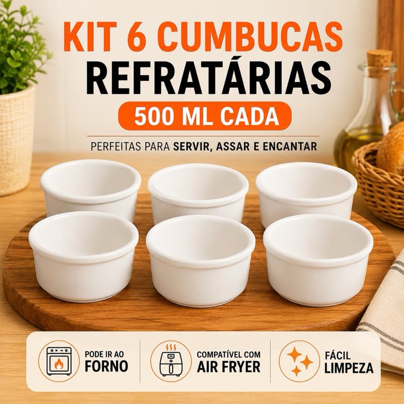 Kit com 6 Cumbucas Bowl Tigela Refrataria 500ml Branca